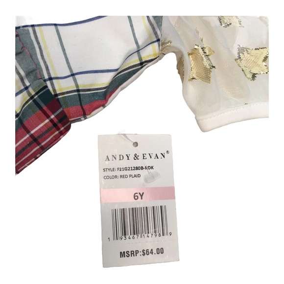 New Andy And Evan Little Girl's Holiday Plaid Stars Dress Gold Red 6Y - Picture 10 of 12